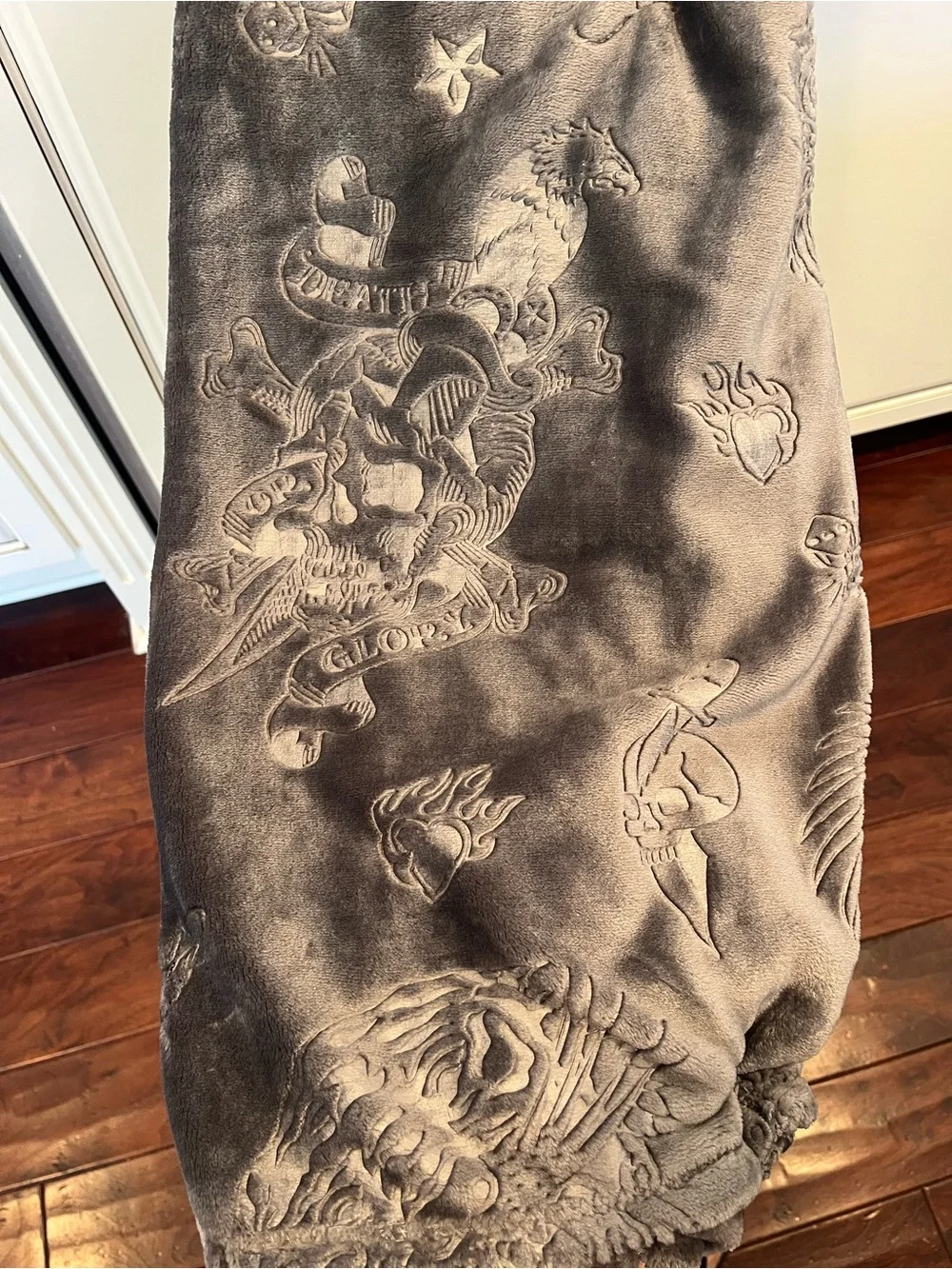 Ed Hardy Embossed Plush Oversized Throw Blanket- Gray